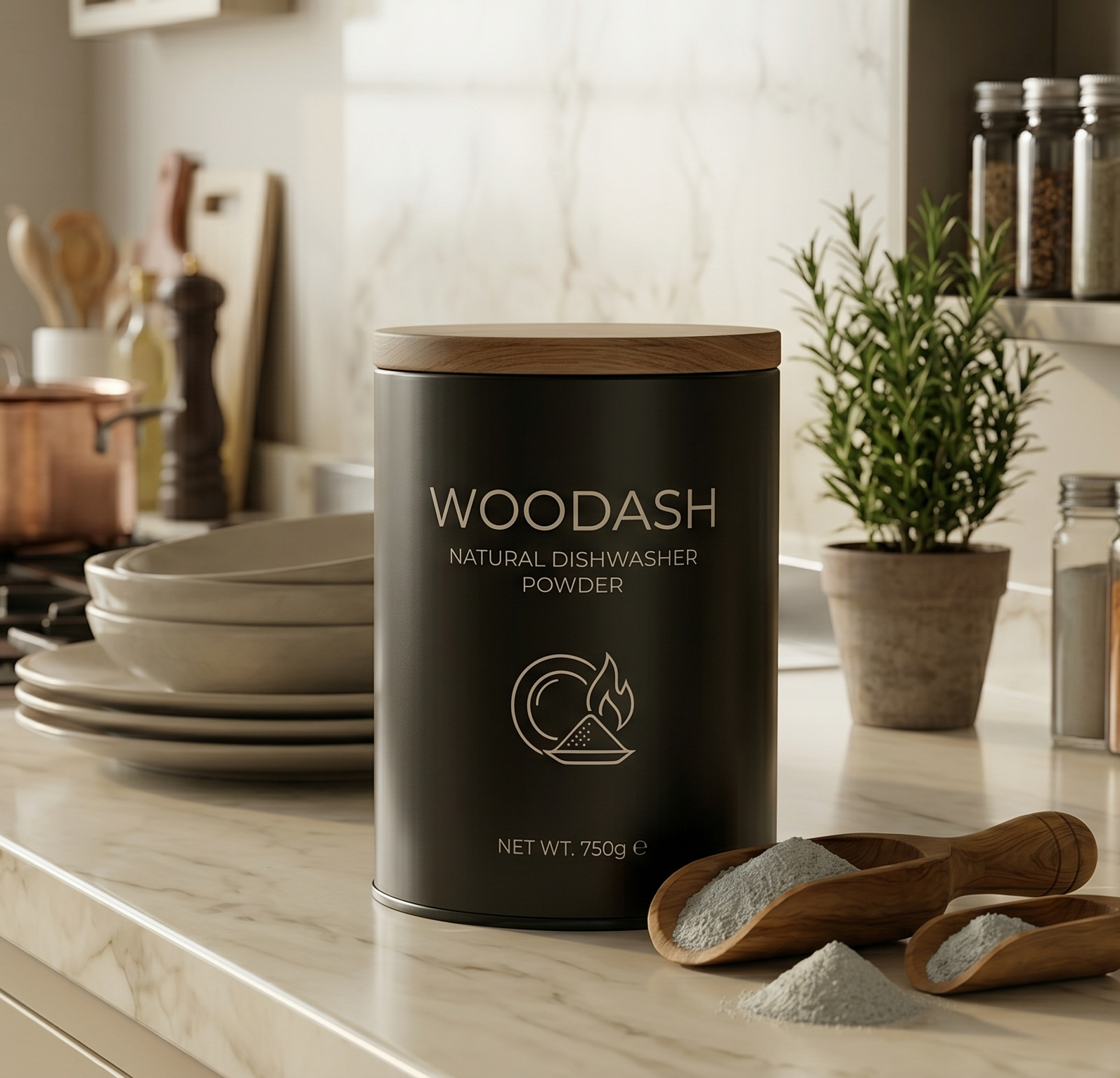 Branded Woodash jar on sunlight counter